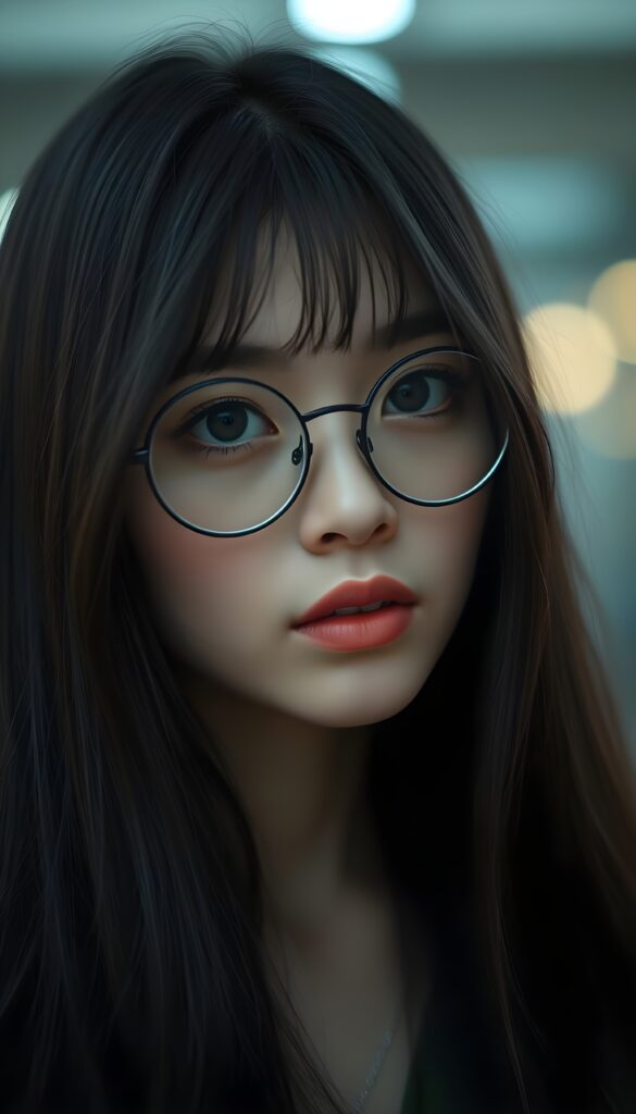 A young woman with long, fine black hair, full, plump lips, deep black, round, large eyes, black, detailed eyebrows, long eyelashes, wearing round, black glasses. Her round head is slightly tilted and gently framed by her hair.