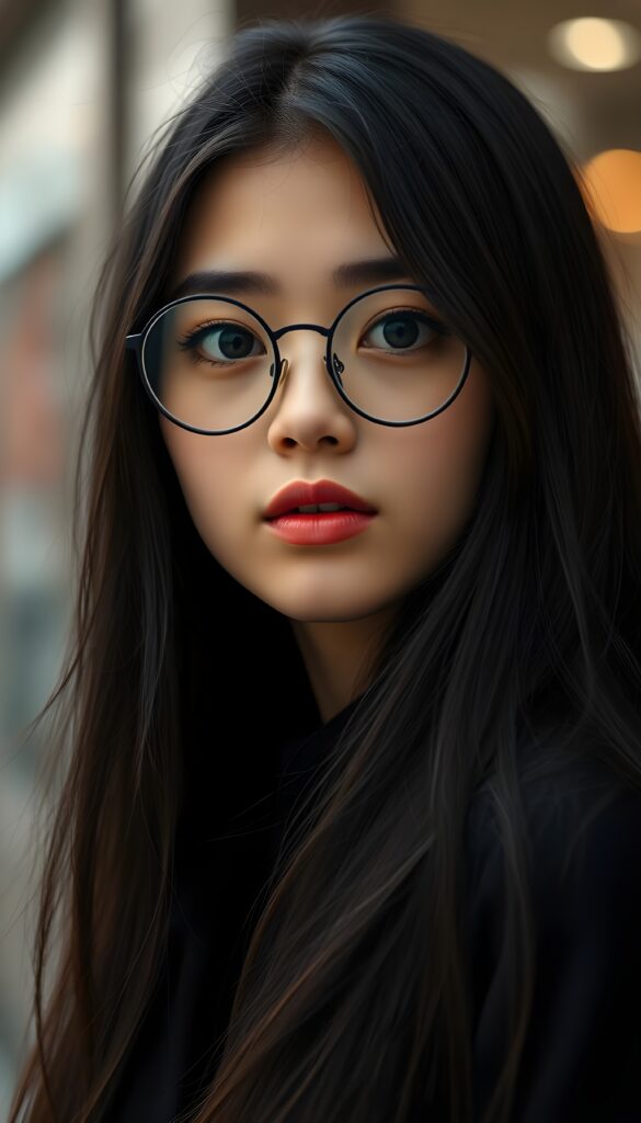 A young woman with long, fine black hair, full, plump lips, deep black, round, large eyes, black, detailed eyebrows, long eyelashes, wearing round, black glasses. Her round head is slightly tilted and gently framed by her hair.