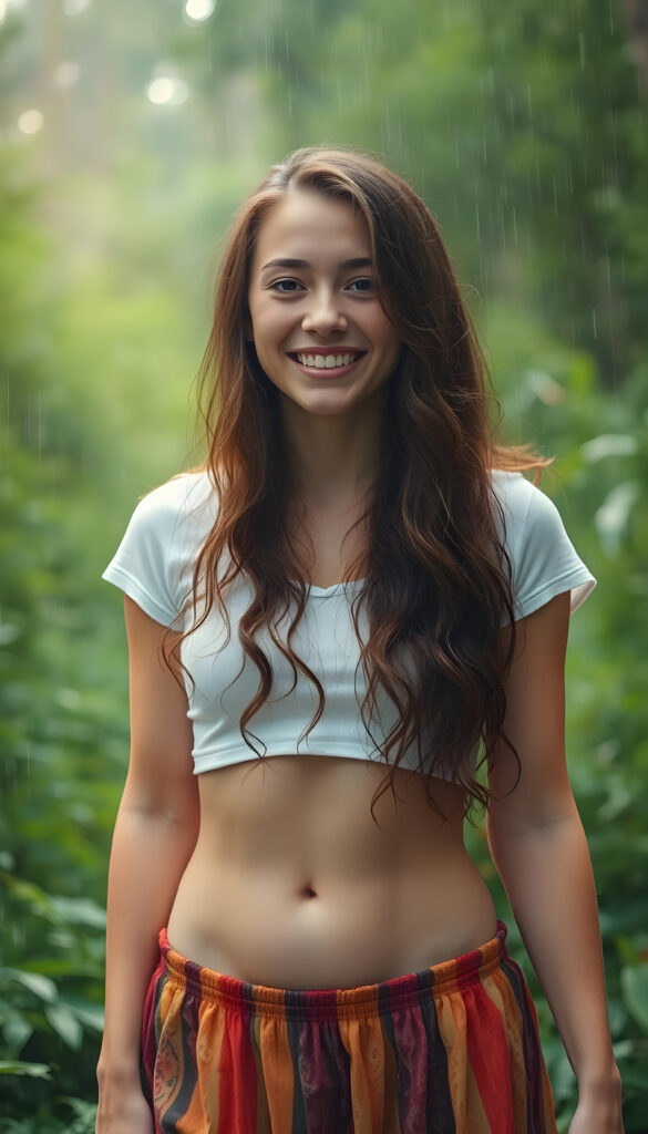 A young woman with long, wavy brown hair stands in a rain-soaked forest, her eyes sparkling with joy. She wears a white cropped short t-shirt and a flowing, colorful skirt. The rain cascades down, creating a shimmering effect on her clothes, and her belly button is visible, adding a touch of playful innocence. The background is filled with lush greenery, and rays of sunlight pierce through the clouds, casting a golden glow on the scene. The atmosphere is vibrant and magical, with a sense of adventure and serenity.