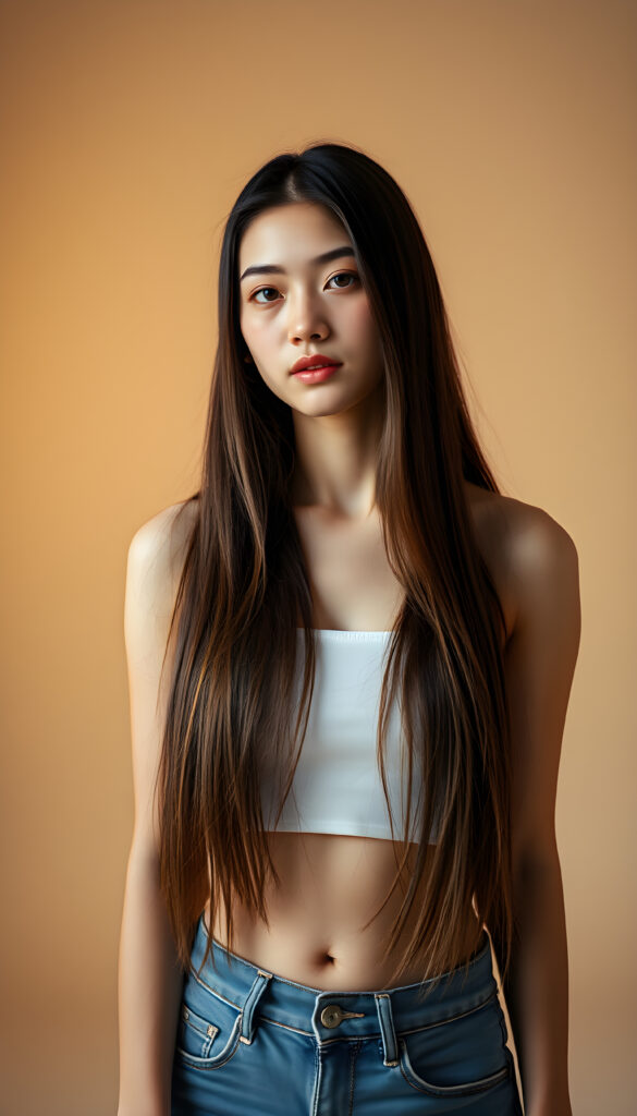 A young woman with long, straight, silky brown hair cascading down her shoulders, wearing a simple white cropped tube top and blue jeans. She stands in a softly lit photo studio with a serene expression, surrounded by soft, diffused lighting that highlights her features. The background is minimalist, featuring a gradient of warm tones, enhancing the tranquility of the scene. Her hair gently falls over her shoulders, creating an elegant and timeless atmosphere. The overall composition is balanced, with a focus on her gentle expression and the serene setting.