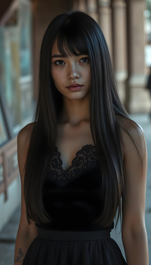A young woman with long, straight black hair cascading down her shoulders, wearing a black velvet tank top adorned with intricate lace and long round skirt. Her eyes are a striking silver.