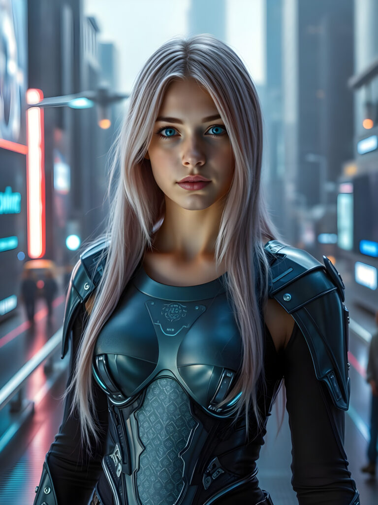 A young woman with shoulder long, flowing pink hair falls like a waterfall upper body and mesmerizing light blue eyes stands in a futuristic armor, adorned with intricate glowing silver patterns. The armor is sleek and modern, reflecting advanced technology. She is positioned in a high-tech environment with holographic interfaces and neon lights. The scene is set against a backdrop of a bustling sci-fi cityscape with flying vehicles and towering skyscrapers. The lighting is dramatic, casting a soft glow on her face and highlighting the armor's details. The overall composition emphasizes her strong and confident stance, with dynamic angles and vivid colors to enhance the futuristic theme.