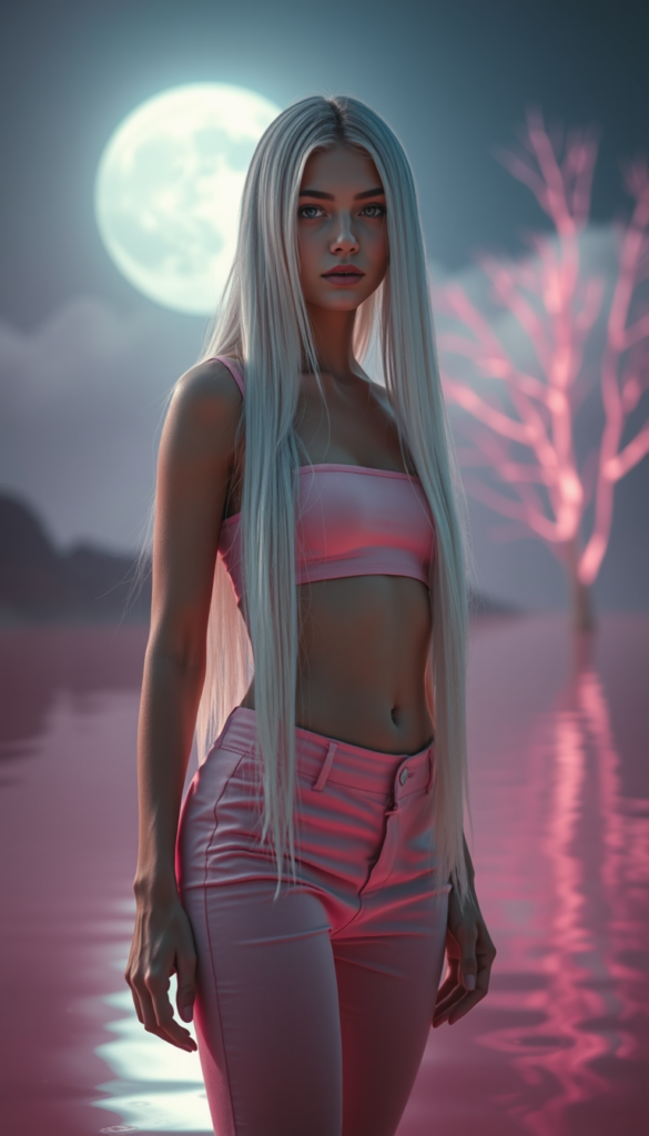 A young girl with long, straight full open white hair reach to her hip; she wears a pink thin plain cropped tank top that perfectly accentuates her perfectly feminine figure and pink jeans pants; she stands in a fantastical, unrealistic, glowing pink lake that reflects the moonlight. She has flawless skin. Beautiful. Fantastic.