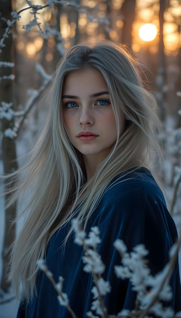 A young woman with flowing silver hair and violet eyes stands gracefully in a winter wonderland, her lips a gentle pink. She wears a deep blue velvet cloak, shimmering in the dawn's soft light. The snow-covered forest around her is painted with hues of icy white, silver, pale lavender, and soft gray, creating a dreamlike scene. Frost decorates the branches, while the rising sun casts a warm golden glow, blending romanticism and fantasy. Trees in the background are frosted, adding to the serene winter landscape.