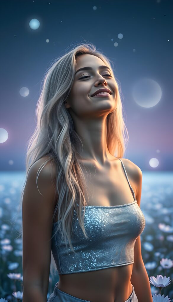 A young woman with long, flowing silver hair, wearing a shimmering silver cropped tank top, stands in a vast, ethereal field of glowing blue flowers under a starry twilight sky. Her eyes are closed in a blissful expression, with full lips slightly parted, as if in mid-laughter. The backdrop is a gradient of light blue to deep purple, with floating crystals and soft, glowing orbs adding a magical aura. The scene is bathed in a mystical, otherworldly light, creating a dreamlike and enchanting atmosphere.