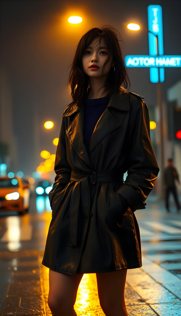 A young woman with wet, tousled dark hair cascading across her face stands on a rain-soaked crosswalk at night. She is dressed in an oversized, belted black leather trench coat over a thick knit sweater, her lips slightly parted as she gazes into the distance. The scene is bathed in warm golden light from streetlamps, with blurred headlights creating a bokeh effect behind her. Neon lights in faint blues and reds add a vibrant contrast. The image is shot from a low angle, emphasizing her expressive pose as if caught in motion. The lighting is cinematic, with glowing highlights on wet surfaces, and incorporates analog unpredictability, light leaks, and softness. The style combines VHS distortions with sharp CG Unity detailing, preserving the atmosphere of a Hasselblad 500CM with Kodak Ektachrome's grain and glow, creating a raw, nostalgic yet sharp visual impact.