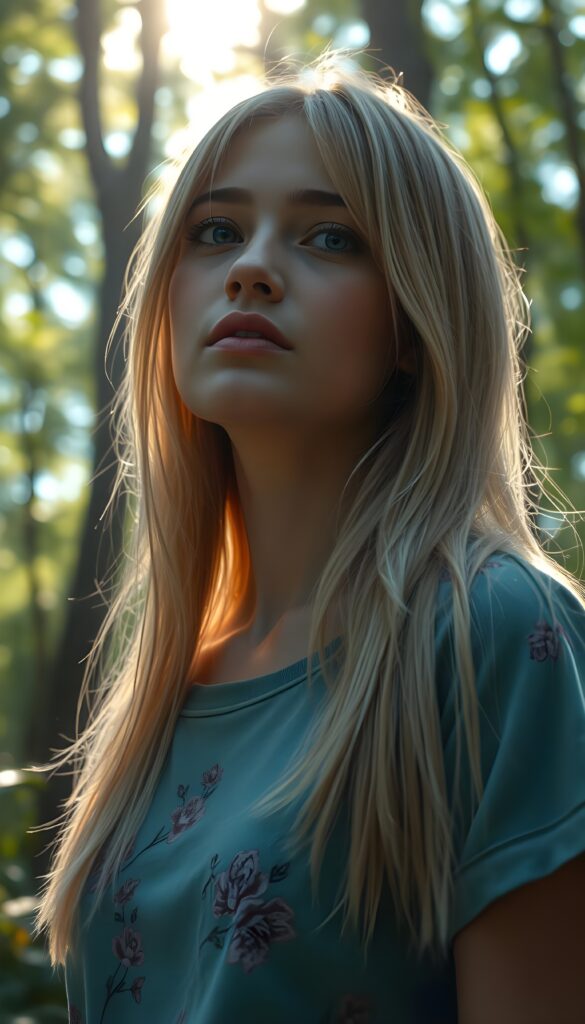 A young woman with straight, shiny light blonde hair cascading over her shoulders is captured in a whimsical forest setting. She wears a vibrant t-shirt with delicate floral patterns, her attire shimmering in hues of pastel blues and pinks. The sunlight filters through the lush canopy, casting a magical glow on her, highlighting her innocent and curious expression as she gazes upward. The background is filled with towering trees, their leaves forming a mosaic of green and golden light, creating a dreamlike, serene atmosphere. This composition is inspired by a fairy tale, blending realism with a touch of fantasy.