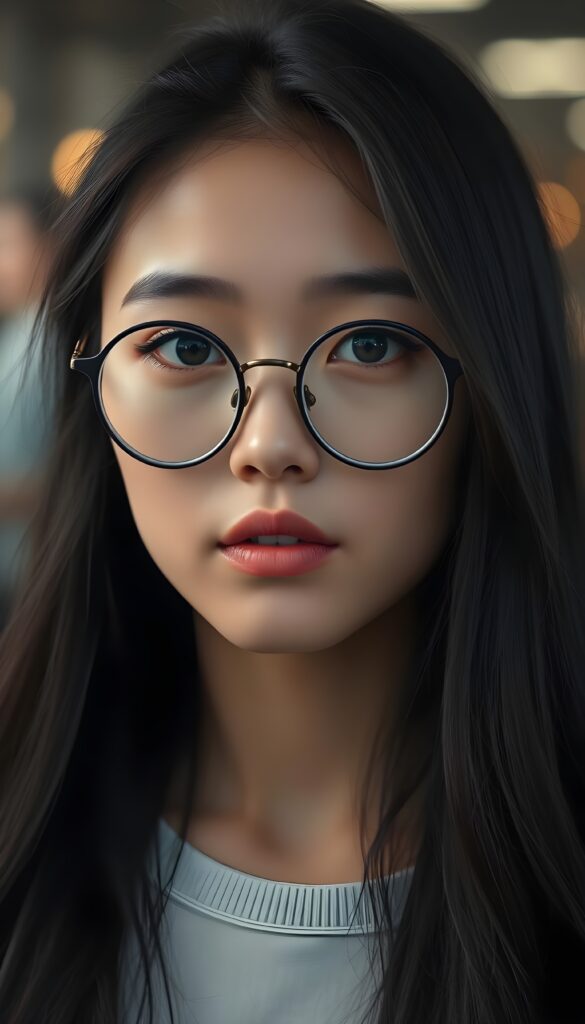 A young woman with long, fine black hair, full, plump lips, deep black, round, large eyes, black, detailed eyebrows, long eyelashes, wearing round, black glasses. Her round head is slightly tilted and gently framed by her hair.