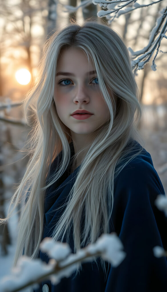 A young woman with flowing silver hair and violet eyes stands gracefully in a winter wonderland, her lips a gentle pink. She wears a deep blue velvet cloak, shimmering in the dawn's soft light. The snow-covered forest around her is painted with hues of icy white, silver, pale lavender, and soft gray, creating a dreamlike scene. Frost decorates the branches, while the rising sun casts a warm golden glow, blending romanticism and fantasy. Trees in the background are frosted, adding to the serene winter landscape.