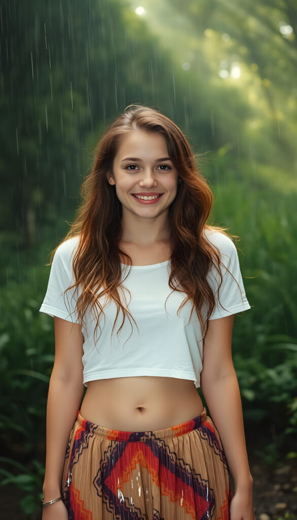 A young woman with long, wavy brown hair stands in a rain-soaked forest, her eyes sparkling with joy. She wears a white cropped short t-shirt and a flowing, colorful skirt. The rain cascades down, creating a shimmering effect on her clothes, and her belly button is visible, adding a touch of playful innocence. The background is filled with lush greenery, and rays of sunlight pierce through the clouds, casting a golden glow on the scene. The atmosphere is vibrant and magical, with a sense of adventure and serenity.
