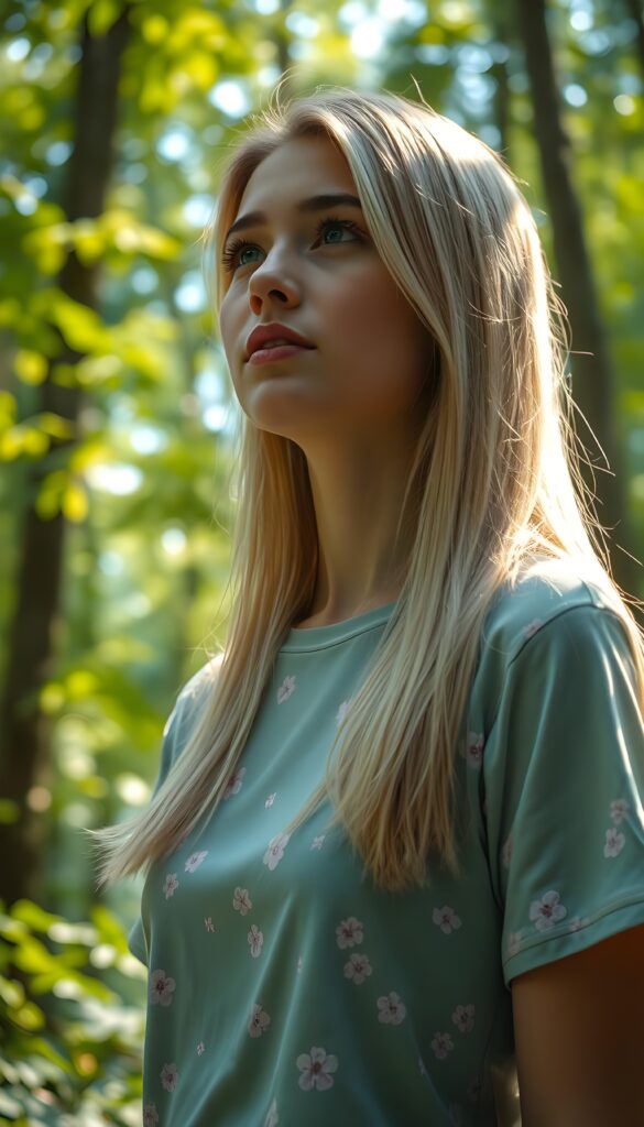A young woman with straight, shiny light blonde hair cascading over her shoulders is captured in a whimsical forest setting. She wears a vibrant t-shirt with delicate floral patterns, her attire shimmering in hues of pastel blues and pinks. The sunlight filters through the lush canopy, casting a magical glow on her, highlighting her innocent and curious expression as she gazes upward. The background is filled with towering trees, their leaves forming a mosaic of green and golden light, creating a dreamlike, serene atmosphere. This composition is inspired by a fairy tale, blending realism with a touch of fantasy.