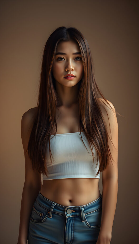 A young woman with long, straight, silky brown hair cascading down her shoulders, wearing a simple white cropped tube top and blue jeans. She stands in a softly lit photo studio with a serene expression, surrounded by soft, diffused lighting that highlights her features. The background is minimalist, featuring a gradient of warm tones, enhancing the tranquility of the scene. Her hair gently falls over her shoulders, creating an elegant and timeless atmosphere. The overall composition is balanced, with a focus on her gentle expression and the serene setting.