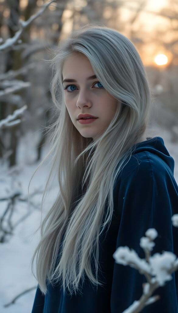 A young woman with flowing silver hair and violet eyes stands gracefully in a winter wonderland, her lips a gentle pink. She wears a deep blue velvet cloak, shimmering in the dawn's soft light. The snow-covered forest around her is painted with hues of icy white, silver, pale lavender, and soft gray, creating a dreamlike scene. Frost decorates the branches, while the rising sun casts a warm golden glow, blending romanticism and fantasy. Trees in the background are frosted, adding to the serene winter landscape.