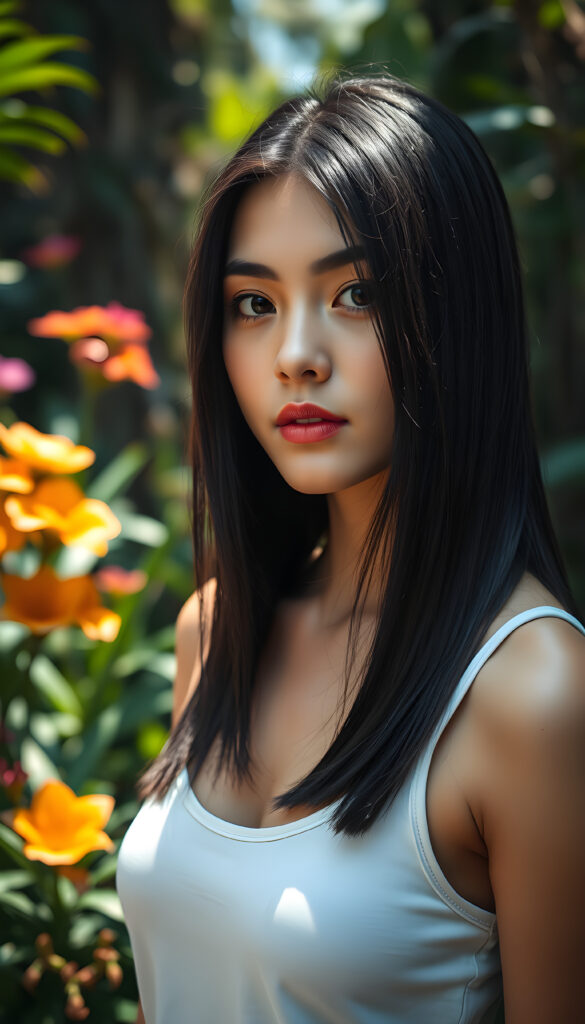 A young woman with sleek, jet-black hair cascading down her shoulders, her face framed by soft, natural light, exudes an aura of serene beauty. She wears a simple white tank top that contrasts elegantly with her dark hair, her posture relaxed yet poised. The scene is set in a sunlit garden, with vibrant flowers and lush greenery surrounding her, creating a harmonious and tranquil atmosphere. The lighting accentuates her delicate features, casting gentle shadows that add depth to her striking appearance. The overall mood is one of peaceful elegance, with a touch of surrealism, as if she is a character from a dreamlike painting.