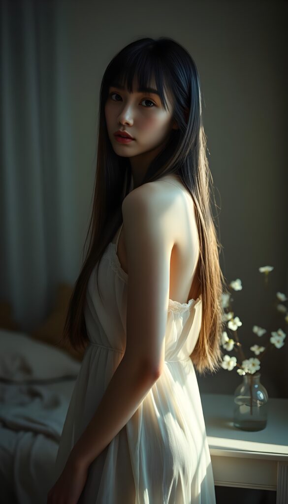 A young woman with long, straight hair and bangs stands gracefully in a room illuminated by soft, ethereal light. She wears a delicate, translucent nightgown that hugs her curves, with a subtle glow emanating from within. Her face is serene and angelic, reflecting a hint of weariness. The scene is bathed in a dreamy, monochromatic palette, accentuating the contrast between light and shadow. A vase of delicate, white flowers sits on a nearby table, adding to the tranquil ambiance. The composition captures the essence of tranquility and elegance, with a focus on the interplay of light and texture.