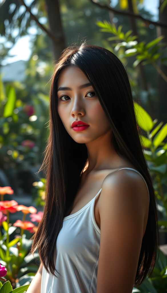 A young woman with sleek, jet-black hair cascading down her shoulders, her face framed by soft, natural light, exudes an aura of serene beauty. She wears a simple white tank top that contrasts elegantly with her dark hair, her posture relaxed yet poised. The scene is set in a sunlit garden, with vibrant flowers and lush greenery surrounding her, creating a harmonious and tranquil atmosphere. The lighting accentuates her delicate features, casting gentle shadows that add depth to her striking appearance. The overall mood is one of peaceful elegance, with a touch of surrealism, as if she is a character from a dreamlike painting.