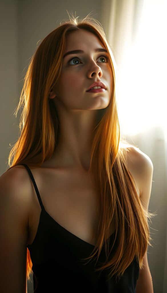 A young woman with vibrant red, straight, very long hair exactly the same length and striking amber eyes gazes upwards with a serene expression. Her delicate, full lips curve slightly as she looks off to the side. Sunlight filters through a window, casting a warm, golden glow over the scene, highlighting her features and creating a soft, ethereal ambiance. She wears a flowing, sheer black tank top that accentuates her slim figure, with the fabric gently cascading around her. Her hair is voluminous and elegantly falls over her shoulders, creating a dynamic, wavy silhouette. The background is a light grey studio setting, providing a clean, minimalist backdrop that emphasizes her beauty. The image is infused with a touch of dreamy, impressionistic artistry, blending realism with a subtle, painterly quality.