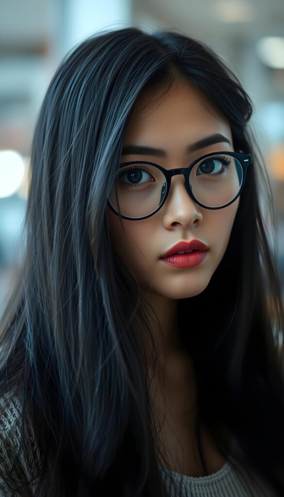 A young woman with long, fine black hair, full, plump lips, deep black, round, large eyes, black, detailed eyebrows, long eyelashes, wearing round, black glasses. Her round head is slightly tilted and gently framed by her hair.