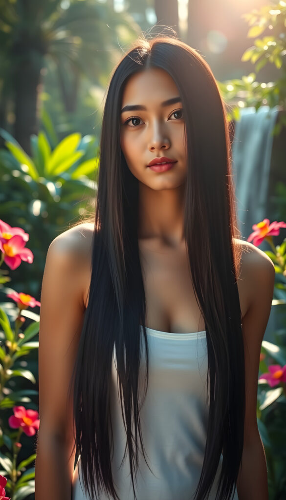 A young woman with sleek, jet-black hair cascading down her shoulders, her face framed by soft, natural light, exudes an aura of serene beauty. She wears a simple white tank top that contrasts elegantly with her dark hair, her posture relaxed yet poised. The scene is set in a sunlit garden, with vibrant flowers and lush greenery surrounding her, creating a harmonious and tranquil atmosphere. The lighting accentuates her delicate features, casting gentle shadows that add depth to her striking appearance. The overall mood is one of peaceful elegance, with a touch of surrealism, as if she is a character from a dreamlike painting.