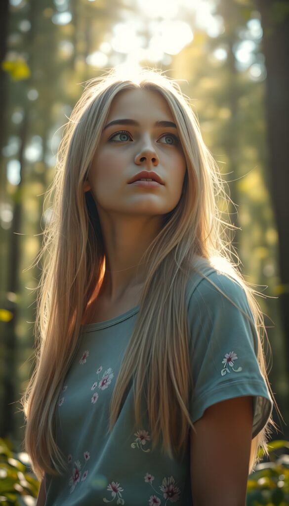 A young woman with straight, shiny light blonde hair cascading over her shoulders is captured in a whimsical forest setting. She wears a vibrant t-shirt with delicate floral patterns, her attire shimmering in hues of pastel blues and pinks. The sunlight filters through the lush canopy, casting a magical glow on her, highlighting her innocent and curious expression as she gazes upward. The background is filled with towering trees, their leaves forming a mosaic of green and golden light, creating a dreamlike, serene atmosphere. This composition is inspired by a fairy tale, blending realism with a touch of fantasy.