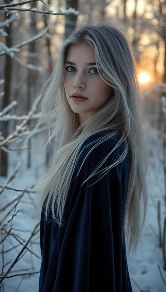 A young woman with flowing silver hair and violet eyes stands gracefully in a winter wonderland, her lips a gentle pink. She wears a deep blue velvet cloak, shimmering in the dawn's soft light. The snow-covered forest around her is painted with hues of icy white, silver, pale lavender, and soft gray, creating a dreamlike scene. Frost decorates the branches, while the rising sun casts a warm golden glow, blending romanticism and fantasy. Trees in the background are frosted, adding to the serene winter landscape.