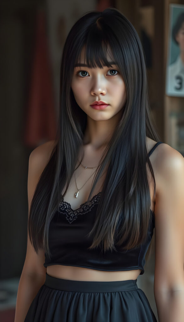 A young woman with long, straight black hair cascading down her shoulders, wearing a black velvet tank top adorned with intricate lace and long round skirt. Her eyes are a striking silver.