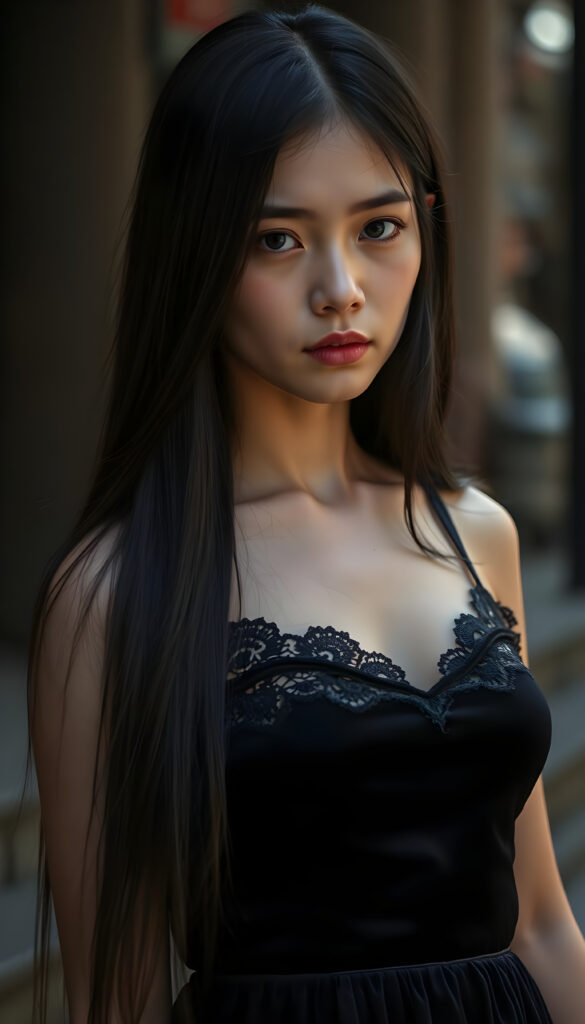 A young woman with long, straight black hair cascading down her shoulders, wearing a black velvet tank top adorned with intricate lace and long round skirt. Her eyes are a striking silver.