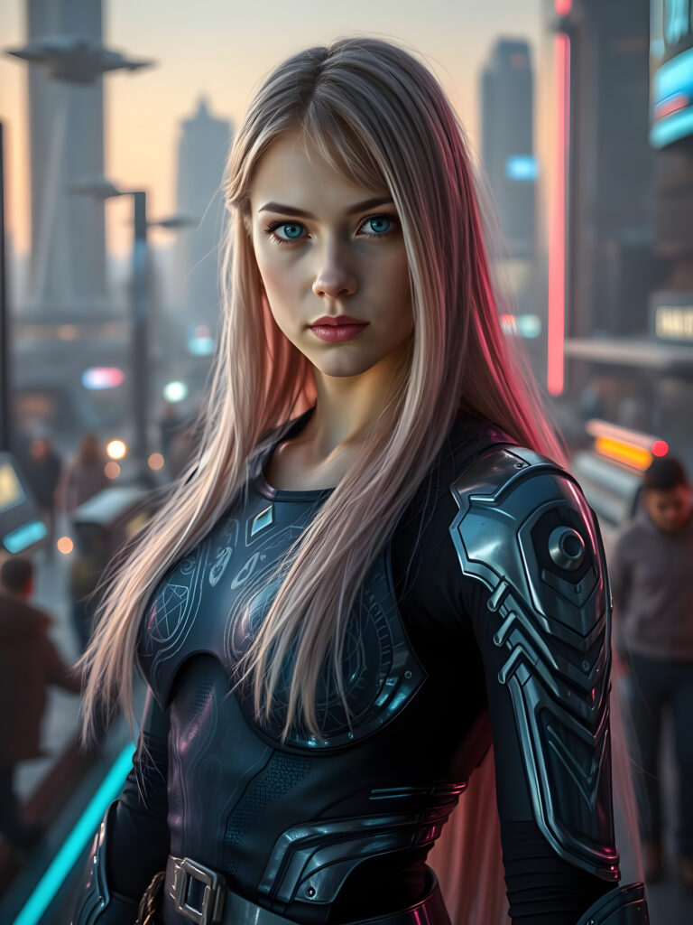 A young woman with shoulder long, flowing pink hair falls like a waterfall upper body and mesmerizing light blue eyes stands in a futuristic armor, adorned with intricate glowing silver patterns. The armor is sleek and modern, reflecting advanced technology. She is positioned in a high-tech environment with holographic interfaces and neon lights. The scene is set against a backdrop of a bustling sci-fi cityscape with flying vehicles and towering skyscrapers. The lighting is dramatic, casting a soft glow on her face and highlighting the armor's details. The overall composition emphasizes her strong and confident stance, with dynamic angles and vivid colors to enhance the futuristic theme.