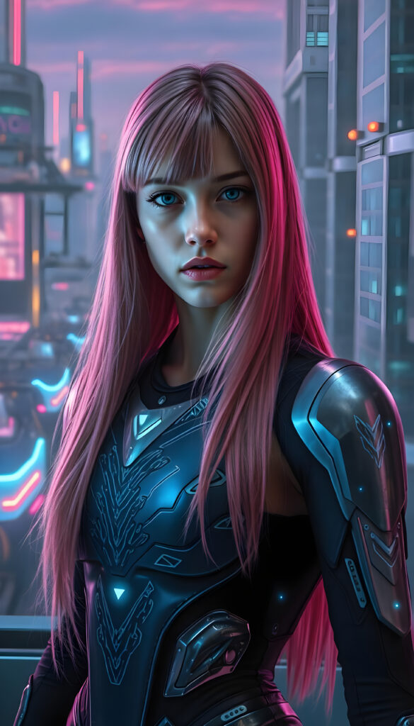 A young woman with shoulder long, flowing pink hair falls like a waterfall upper body and mesmerizing light blue eyes stands in a futuristic armor, adorned with intricate glowing silver patterns. The armor is sleek and modern, reflecting advanced technology. She is positioned in a high-tech environment with holographic interfaces and neon lights. The scene is set against a backdrop of a bustling sci-fi cityscape with flying vehicles and towering skyscrapers. The lighting is dramatic, casting a soft glow on her face and highlighting the armor's details. The overall composition emphasizes her strong and confident stance, with dynamic angles and vivid colors to enhance the futuristic theme.