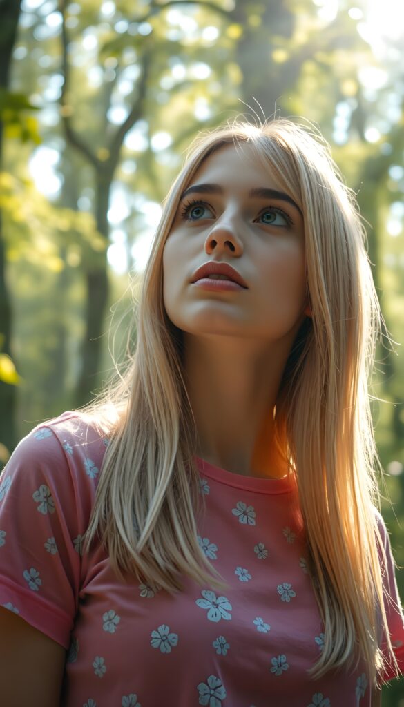 A young woman with straight, shiny light blonde hair cascading over her shoulders is captured in a whimsical forest setting. She wears a vibrant t-shirt with delicate floral patterns, her attire shimmering in hues of pastel blues and pinks. The sunlight filters through the lush canopy, casting a magical glow on her, highlighting her innocent and curious expression as she gazes upward. The background is filled with towering trees, their leaves forming a mosaic of green and golden light, creating a dreamlike, serene atmosphere. This composition is inspired by a fairy tale, blending realism with a touch of fantasy.