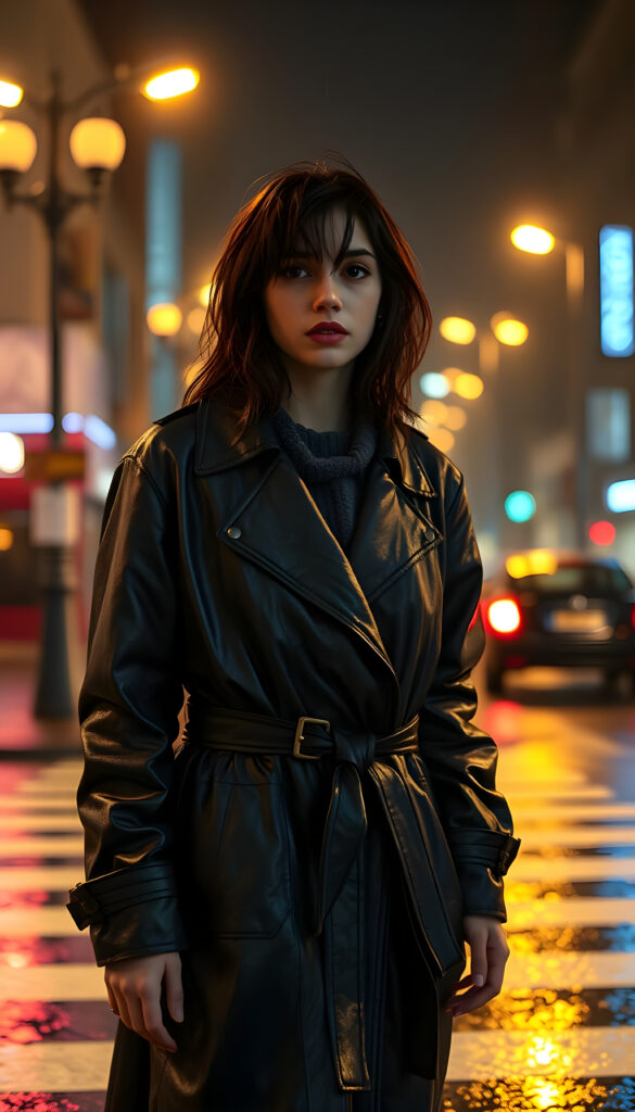 A young woman with wet, tousled dark hair cascading across her face stands on a rain-soaked crosswalk at night. She is dressed in an oversized, belted black leather trench coat over a thick knit sweater, her lips slightly parted as she gazes into the distance. The scene is bathed in warm golden light from streetlamps, with blurred headlights creating a bokeh effect behind her. Neon lights in faint blues and reds add a vibrant contrast. The image is shot from a low angle, emphasizing her expressive pose as if caught in motion. The lighting is cinematic, with glowing highlights on wet surfaces, and incorporates analog unpredictability, light leaks, and softness. The style combines VHS distortions with sharp CG Unity detailing, preserving the atmosphere of a Hasselblad 500CM with Kodak Ektachrome's grain and glow, creating a raw, nostalgic yet sharp visual impact.