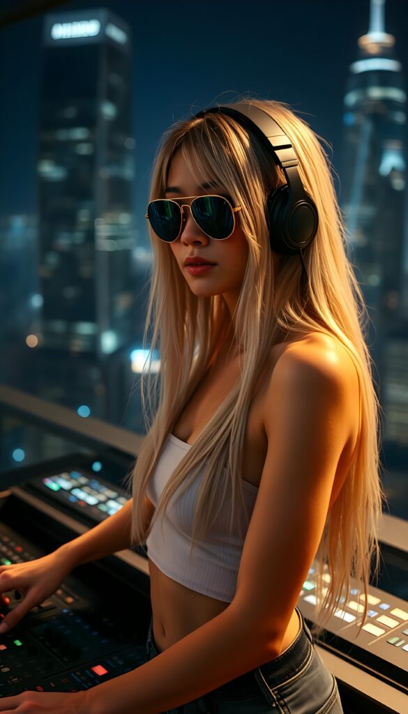 A young woman with long straight blonde hair is standing in front of a mixing console, mixing music. She is wearing large headphones and sunglasses. In the background is a nighttime skyline with tall skyscrapers that are lit up. She wears a cropped tank top.