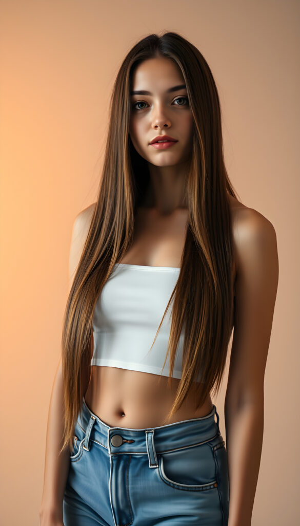 A young woman with long, straight, silky brown hair cascading down her shoulders, wearing a simple white cropped tube top and blue jeans. She stands in a softly lit photo studio with a serene expression, surrounded by soft, diffused lighting that highlights her features. The background is minimalist, featuring a gradient of warm tones, enhancing the tranquility of the scene. Her hair gently falls over her shoulders, creating an elegant and timeless atmosphere. The overall composition is balanced, with a focus on her gentle expression and the serene setting.