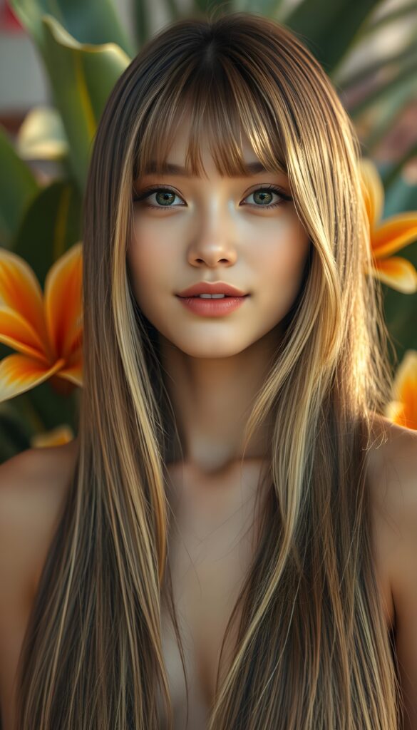 A young woman with super jet straight, silky, light brown hair with blond highlights stands against a backdrop of vibrant tropical flowers, her delicate features beautifully detailed, framed by cascading straight hair and subtle bangs, a soft smile playing on her lips, her flawless complexion glowing in the warm light, creating an enchanting, serene atmosphere. Her hair falls down to her upper body and cover the body. View from the front.