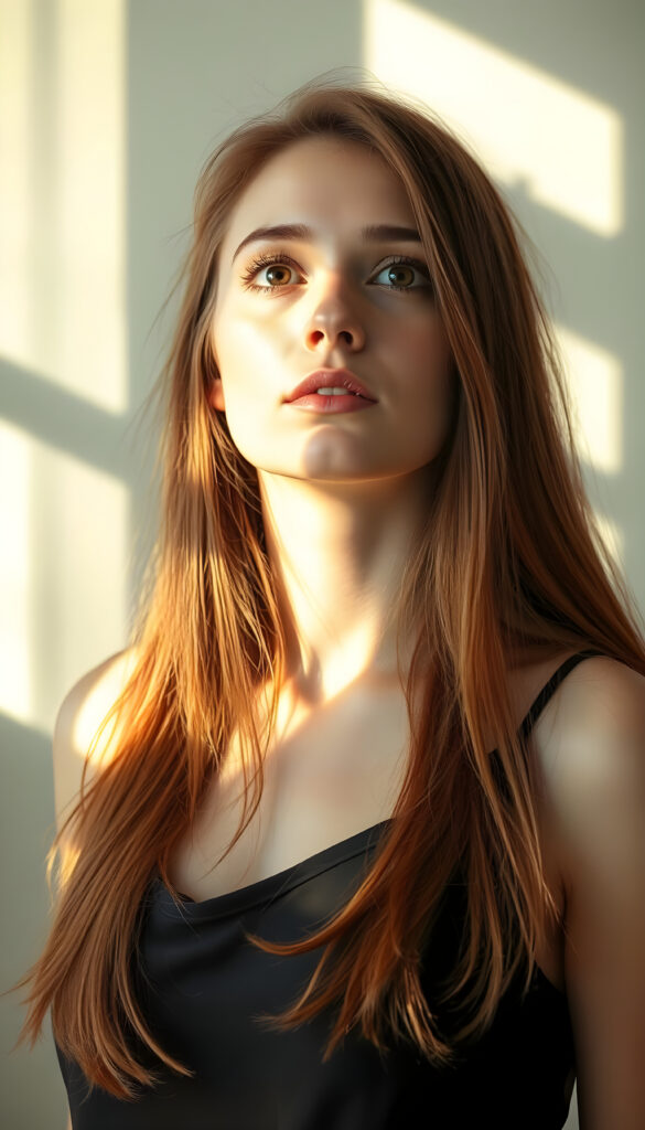 A young woman with vibrant red, straight, very long hair exactly the same length and striking amber eyes gazes upwards with a serene expression. Her delicate, full lips curve slightly as she looks off to the side. Sunlight filters through a window, casting a warm, golden glow over the scene, highlighting her features and creating a soft, ethereal ambiance. She wears a flowing, sheer black tank top that accentuates her slim figure, with the fabric gently cascading around her. Her hair is voluminous and elegantly falls over her shoulders, creating a dynamic, wavy silhouette. The background is a light grey studio setting, providing a clean, minimalist backdrop that emphasizes her beauty. The image is infused with a touch of dreamy, impressionistic artistry, blending realism with a subtle, painterly quality.