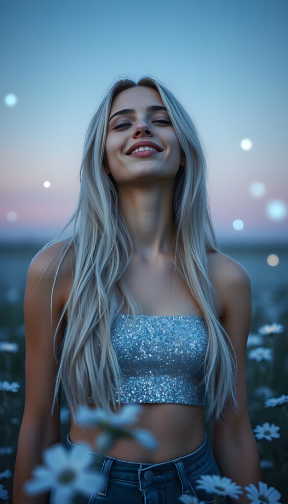 A young woman with long, flowing silver hair, wearing a shimmering silver cropped tank top, stands in a vast, ethereal field of glowing blue flowers under a starry twilight sky. Her eyes are closed in a blissful expression, with full lips slightly parted, as if in mid-laughter. The backdrop is a gradient of light blue to deep purple, with floating crystals and soft, glowing orbs adding a magical aura. The scene is bathed in a mystical, otherworldly light, creating a dreamlike and enchanting atmosphere.
