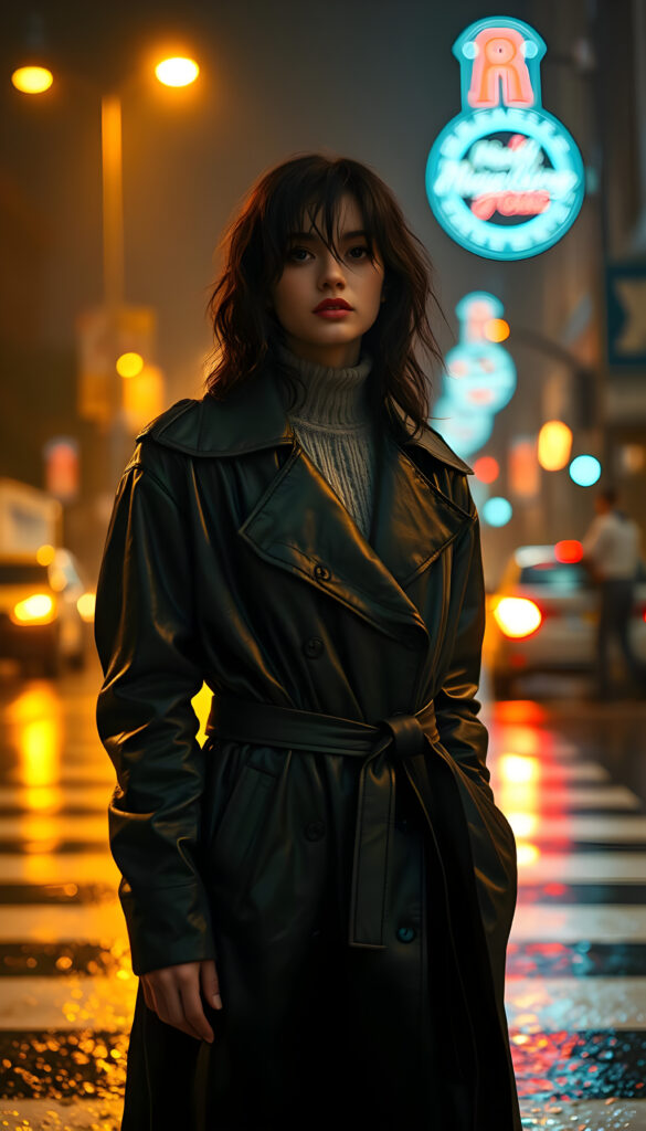 A young woman with wet, tousled dark hair cascading across her face stands on a rain-soaked crosswalk at night. She is dressed in an oversized, belted black leather trench coat over a thick knit sweater, her lips slightly parted as she gazes into the distance. The scene is bathed in warm golden light from streetlamps, with blurred headlights creating a bokeh effect behind her. Neon lights in faint blues and reds add a vibrant contrast. The image is shot from a low angle, emphasizing her expressive pose as if caught in motion. The lighting is cinematic, with glowing highlights on wet surfaces, and incorporates analog unpredictability, light leaks, and softness. The style combines VHS distortions with sharp CG Unity detailing, preserving the atmosphere of a Hasselblad 500CM with Kodak Ektachrome's grain and glow, creating a raw, nostalgic yet sharp visual impact.