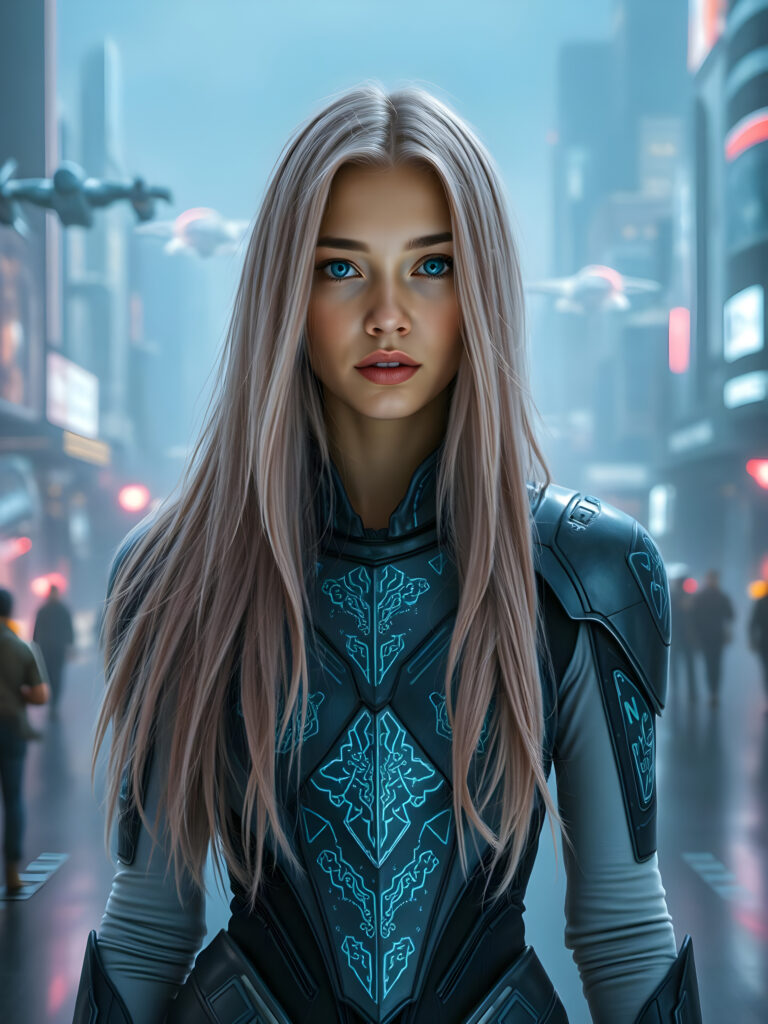 A young woman with shoulder long, flowing pink hair falls like a waterfall upper body and mesmerizing light blue eyes stands in a futuristic armor, adorned with intricate glowing silver patterns. The armor is sleek and modern, reflecting advanced technology. She is positioned in a high-tech environment with holographic interfaces and neon lights. The scene is set against a backdrop of a bustling sci-fi cityscape with flying vehicles and towering skyscrapers. The lighting is dramatic, casting a soft glow on her face and highlighting the armor's details. The overall composition emphasizes her strong and confident stance, with dynamic angles and vivid colors to enhance the futuristic theme.