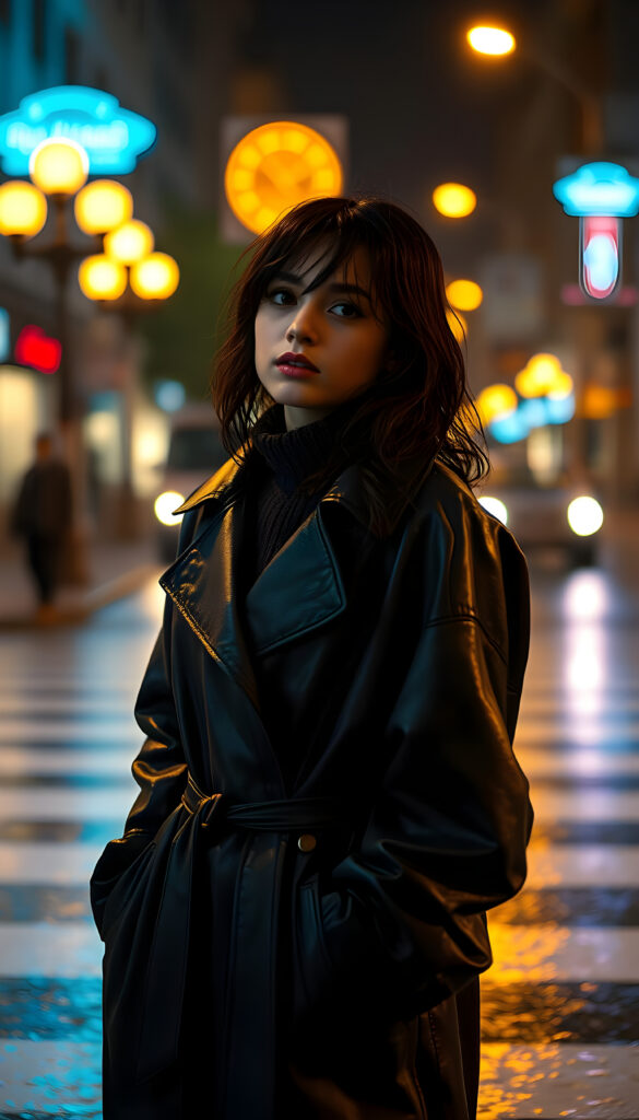 A young woman with wet, tousled dark hair cascading across her face stands on a rain-soaked crosswalk at night. She is dressed in an oversized, belted black leather trench coat over a thick knit sweater, her lips slightly parted as she gazes into the distance. The scene is bathed in warm golden light from streetlamps, with blurred headlights creating a bokeh effect behind her. Neon lights in faint blues and reds add a vibrant contrast. The image is shot from a low angle, emphasizing her expressive pose as if caught in motion. The lighting is cinematic, with glowing highlights on wet surfaces, and incorporates analog unpredictability, light leaks, and softness. The style combines VHS distortions with sharp CG Unity detailing, preserving the atmosphere of a Hasselblad 500CM with Kodak Ektachrome's grain and glow, creating a raw, nostalgic yet sharp visual impact.