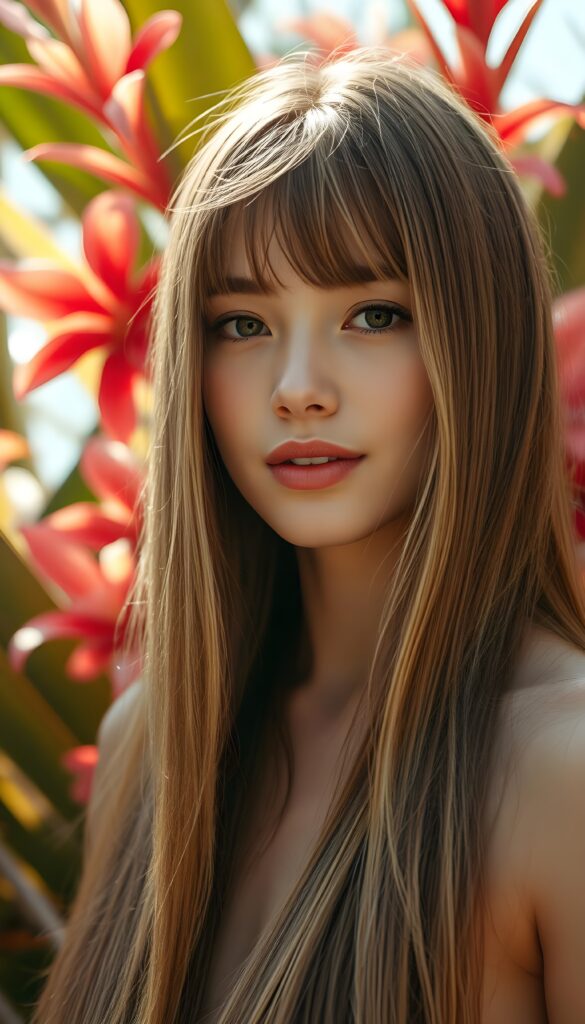 A young woman with super jet straight, silky, light brown hair with blond highlights stands against a backdrop of vibrant tropical flowers, her delicate features beautifully detailed, framed by cascading straight hair and subtle bangs, a soft smile playing on her lips, her flawless complexion glowing in the warm light, creating an enchanting, serene atmosphere. Her hair falls down to her upper body and cover the body. View from the front.