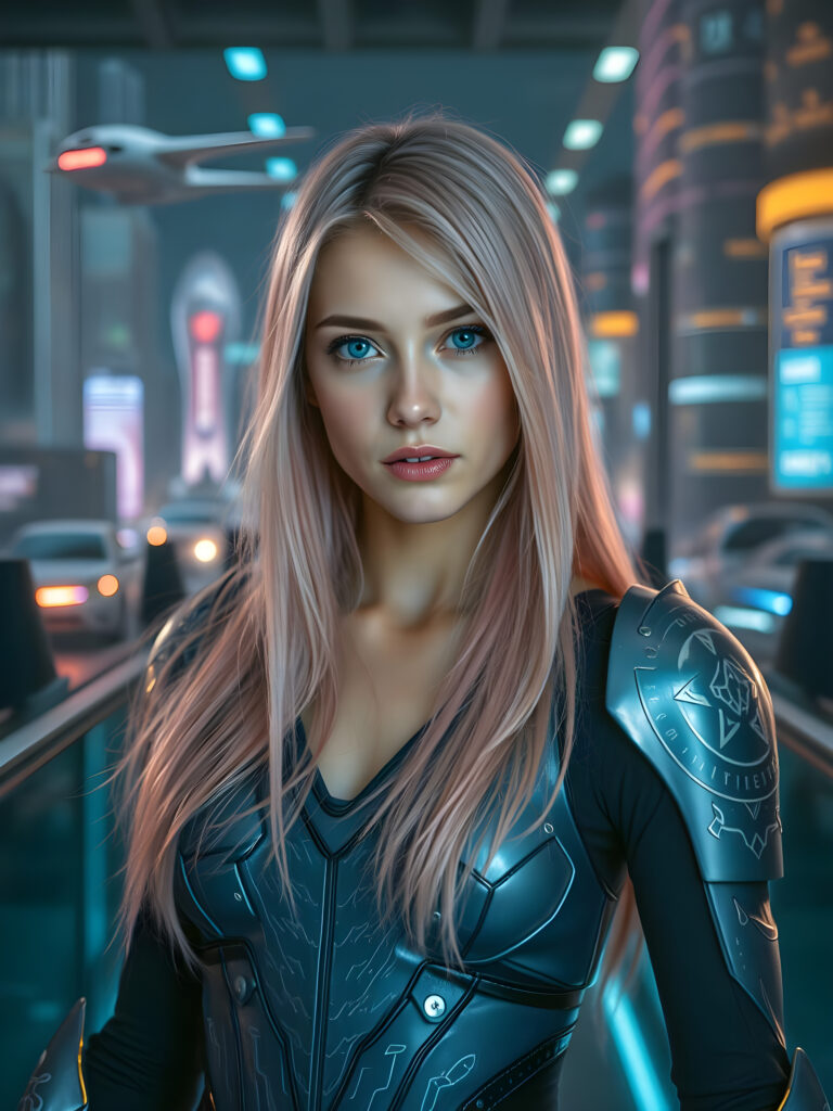 A young woman with shoulder long, flowing pink hair falls like a waterfall upper body and mesmerizing light blue eyes stands in a futuristic armor, adorned with intricate glowing silver patterns. The armor is sleek and modern, reflecting advanced technology. She is positioned in a high-tech environment with holographic interfaces and neon lights. The scene is set against a backdrop of a bustling sci-fi cityscape with flying vehicles and towering skyscrapers. The lighting is dramatic, casting a soft glow on her face and highlighting the armor's details. The overall composition emphasizes her strong and confident stance, with dynamic angles and vivid colors to enhance the futuristic theme.