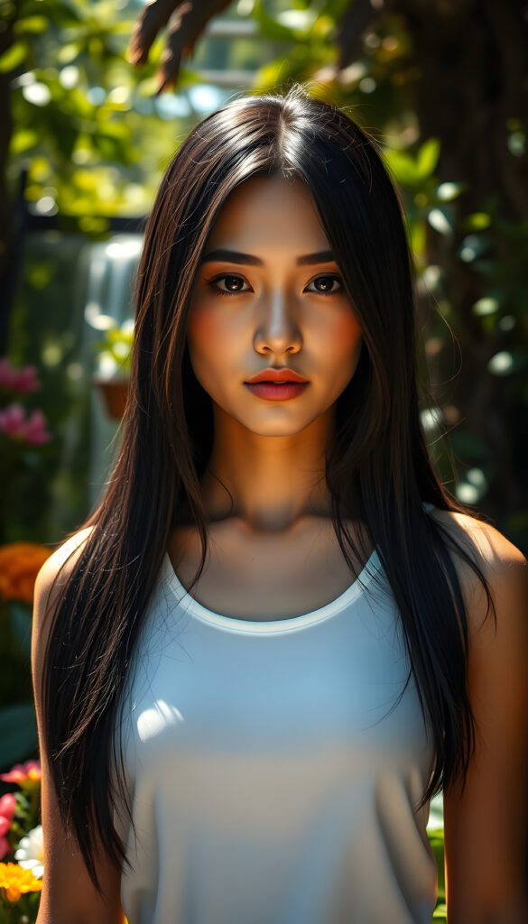 A young woman with sleek, jet-black hair cascading down her shoulders, her face framed by soft, natural light, exudes an aura of serene beauty. She wears a simple white tank top that contrasts elegantly with her dark hair, her posture relaxed yet poised. The scene is set in a sunlit garden, with vibrant flowers and lush greenery surrounding her, creating a harmonious and tranquil atmosphere. The lighting accentuates her delicate features, casting gentle shadows that add depth to her striking appearance. The overall mood is one of peaceful elegance, with a touch of surrealism, as if she is a character from a dreamlike painting.