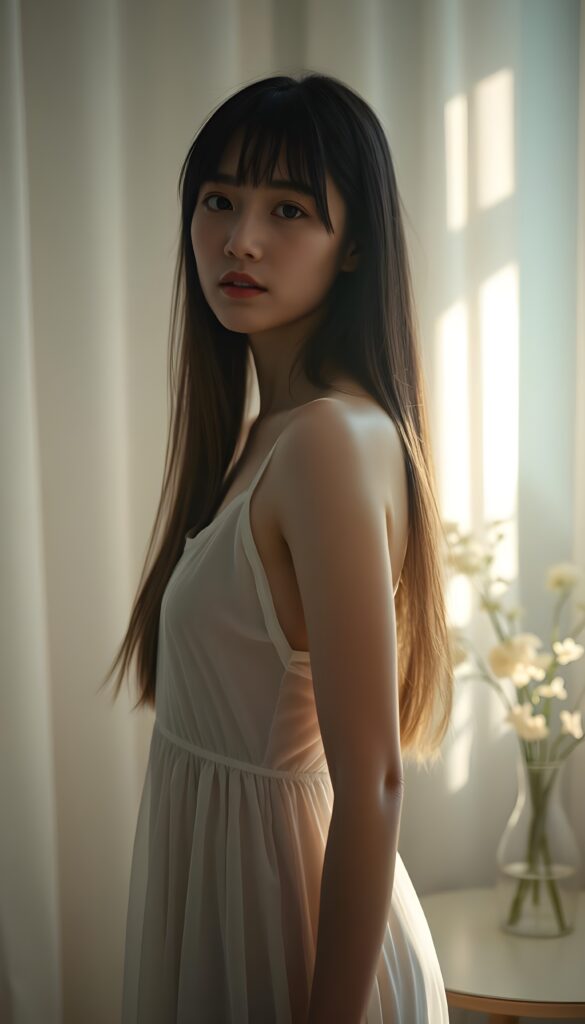 A young woman with long, straight hair and bangs stands gracefully in a room illuminated by soft, ethereal light. She wears a delicate, translucent nightgown that hugs her curves, with a subtle glow emanating from within. Her face is serene and angelic, reflecting a hint of weariness. The scene is bathed in a dreamy, monochromatic palette, accentuating the contrast between light and shadow. A vase of delicate, white flowers sits on a nearby table, adding to the tranquil ambiance. The composition captures the essence of tranquility and elegance, with a focus on the interplay of light and texture.