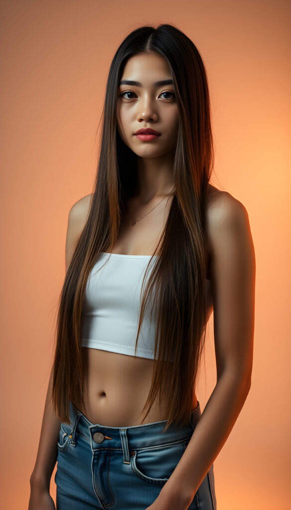 A young woman with long, straight, silky brown hair cascading down her shoulders, wearing a simple white cropped tube top and blue jeans. She stands in a softly lit photo studio with a serene expression, surrounded by soft, diffused lighting that highlights her features. The background is minimalist, featuring a gradient of warm tones, enhancing the tranquility of the scene. Her hair gently falls over her shoulders, creating an elegant and timeless atmosphere. The overall composition is balanced, with a focus on her gentle expression and the serene setting.