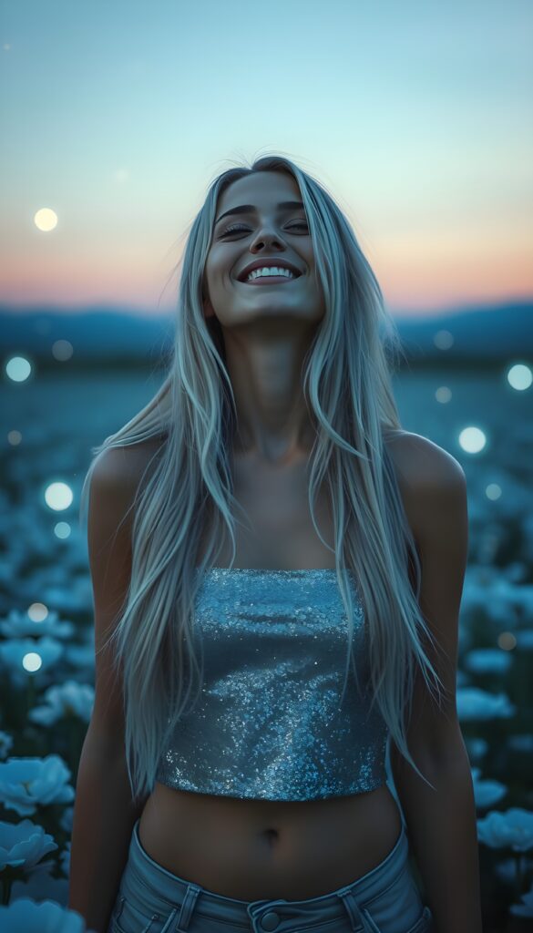 A young woman with long, flowing silver hair, wearing a shimmering silver cropped tank top, stands in a vast, ethereal field of glowing blue flowers under a starry twilight sky. Her eyes are closed in a blissful expression, with full lips slightly parted, as if in mid-laughter. The backdrop is a gradient of light blue to deep purple, with floating crystals and soft, glowing orbs adding a magical aura. The scene is bathed in a mystical, otherworldly light, creating a dreamlike and enchanting atmosphere.