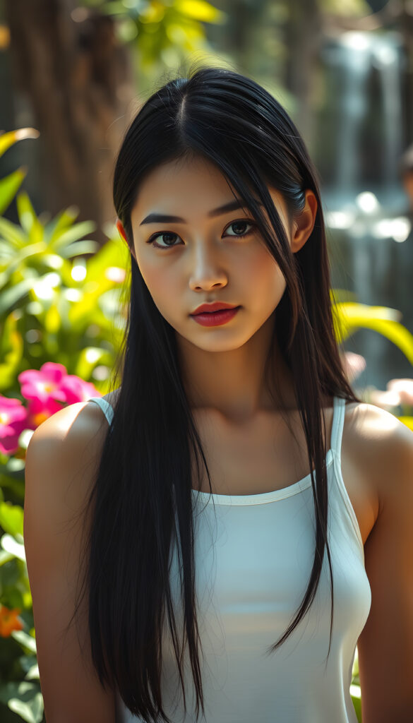 A young woman with sleek, jet-black hair cascading down her shoulders, her face framed by soft, natural light, exudes an aura of serene beauty. She wears a simple white tank top that contrasts elegantly with her dark hair, her posture relaxed yet poised. The scene is set in a sunlit garden, with vibrant flowers and lush greenery surrounding her, creating a harmonious and tranquil atmosphere. The lighting accentuates her delicate features, casting gentle shadows that add depth to her striking appearance. The overall mood is one of peaceful elegance, with a touch of surrealism, as if she is a character from a dreamlike painting.