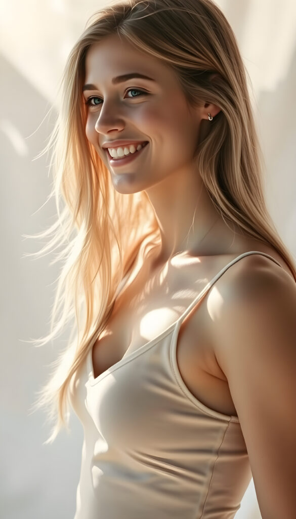A young woman with long, flowing light amber hair and white highlights, wearing a light amber short tank top with a deep V-neck, stands radiantly against a pristine white backdrop. The sunlight filters through, casting a warm, golden glow around her. Her smile is radiant, revealing white teeth, exuding joy and youthfulness. Her side profile reveals a youthful, elegant presence, with a cute, detailed face that sparkles with innocence and happiness. The scene is enhanced with a subtle pastel color palette, soft shadows, and a gentle, dreamy atmosphere, making it visually stunning and coherent.