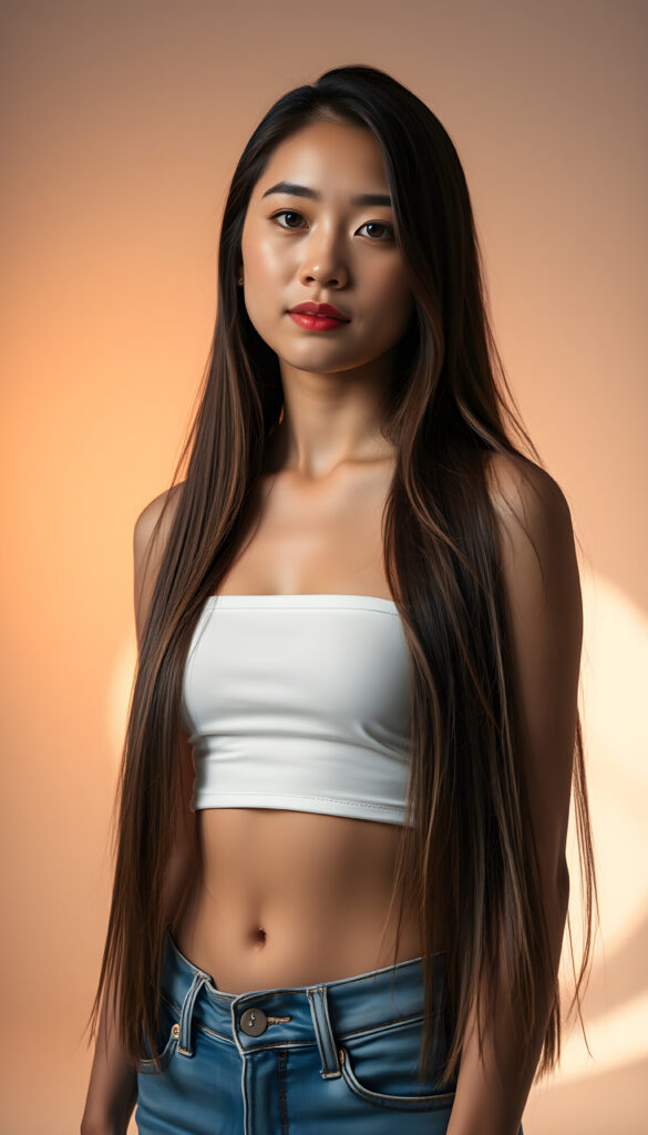 A young woman with long, straight, silky brown hair cascading down her shoulders, wearing a simple white cropped tube top and blue jeans. She stands in a softly lit photo studio with a serene expression, surrounded by soft, diffused lighting that highlights her features. The background is minimalist, featuring a gradient of warm tones, enhancing the tranquility of the scene. Her hair gently falls over her shoulders, creating an elegant and timeless atmosphere. The overall composition is balanced, with a focus on her gentle expression and the serene setting.