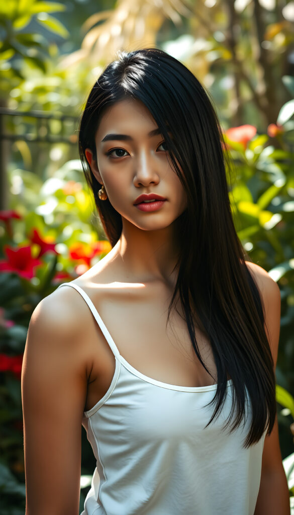 A young woman with sleek, jet-black hair cascading down her shoulders, her face framed by soft, natural light, exudes an aura of serene beauty. She wears a simple white tank top that contrasts elegantly with her dark hair, her posture relaxed yet poised. The scene is set in a sunlit garden, with vibrant flowers and lush greenery surrounding her, creating a harmonious and tranquil atmosphere. The lighting accentuates her delicate features, casting gentle shadows that add depth to her striking appearance. The overall mood is one of peaceful elegance, with a touch of surrealism, as if she is a character from a dreamlike painting.