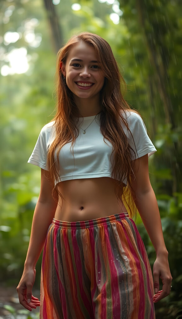 A young woman with long, wavy brown hair stands in a rain-soaked forest, her eyes sparkling with joy. She wears a white cropped short t-shirt and a flowing, colorful skirt. The rain cascades down, creating a shimmering effect on her clothes, and her belly button is visible, adding a touch of playful innocence. The background is filled with lush greenery, and rays of sunlight pierce through the clouds, casting a golden glow on the scene. The atmosphere is vibrant and magical, with a sense of adventure and serenity.